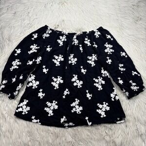 Soft Surroundings Women's M Black White Embroidered Floral Peasant Blouse Boho